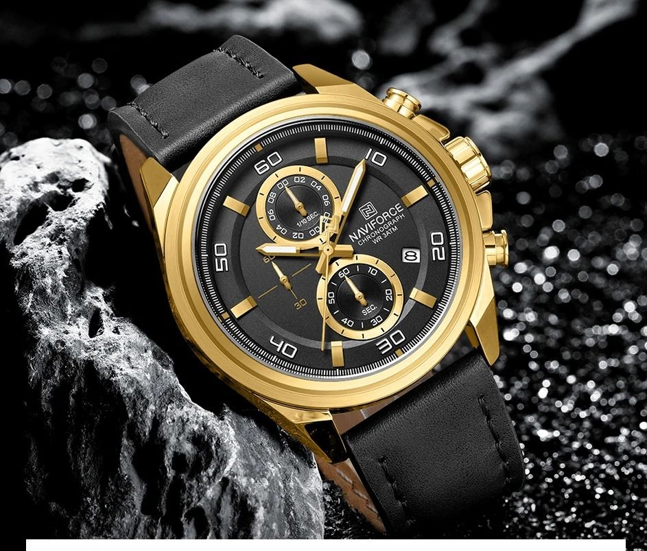 Picture of NAVIFORCE 8075 Casual Fashion Watches for Man Luminous  Date Display Genuine Leather Band Male Clock Relogios Masculino & Golden Black