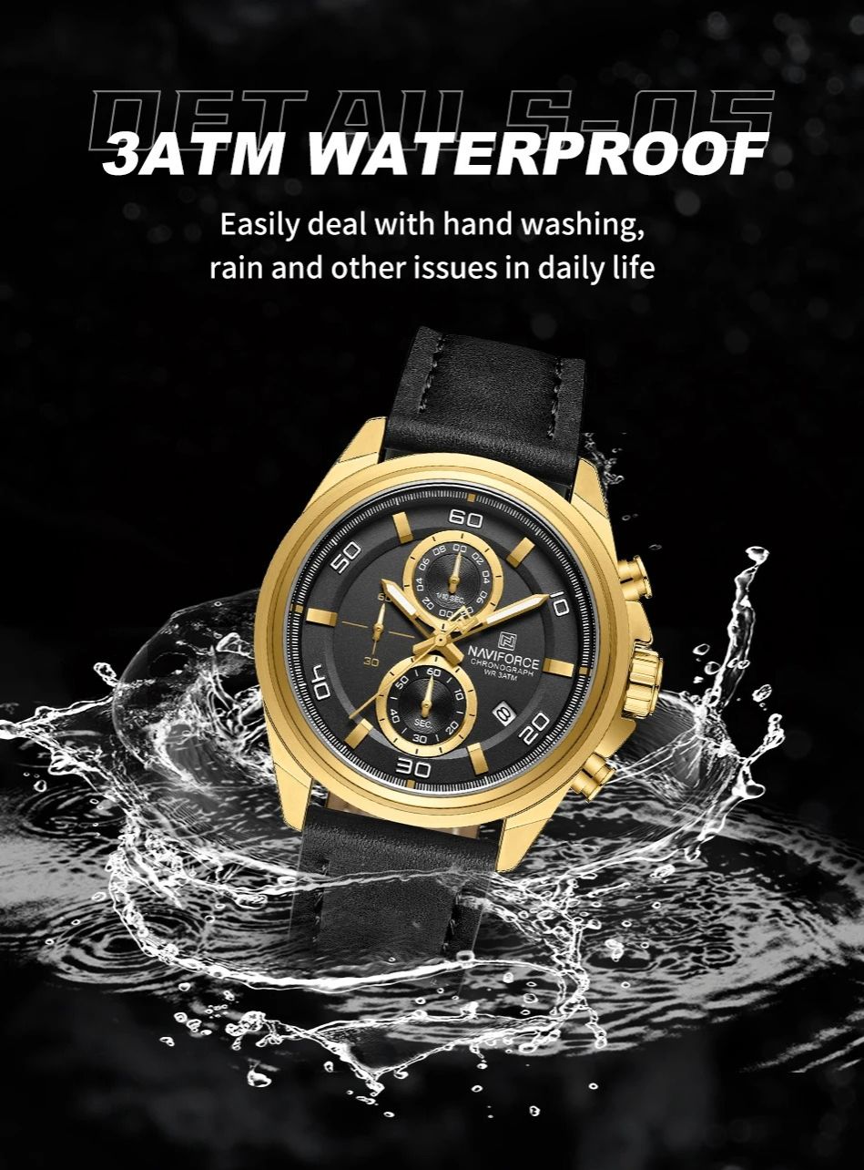 Picture of NAVIFORCE 8075 Casual Fashion Watches for Man Luminous  Date Display Genuine Leather Band Male Clock Relogios Masculino & Golden Black