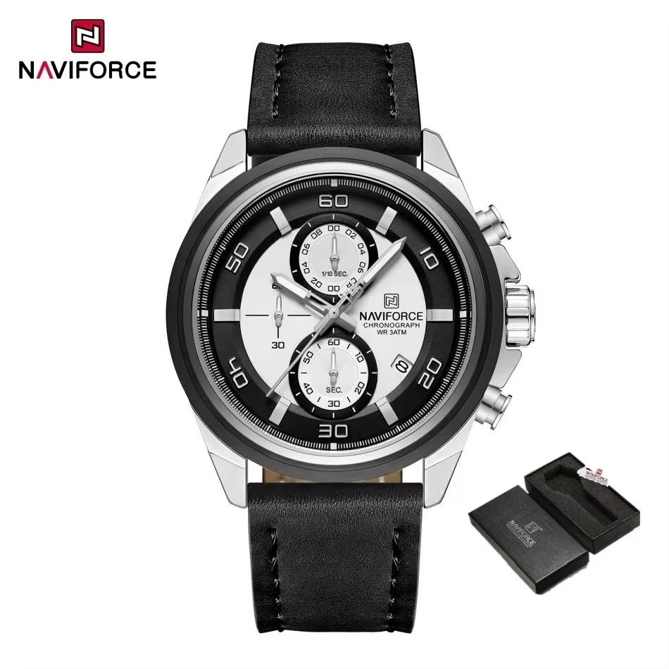 Picture of NAVIFORCE 8075 Casual Fashion Watches for Man Luminous  Date Display Genuine Leather Band Male Clock Relogios Masculino & Silver White