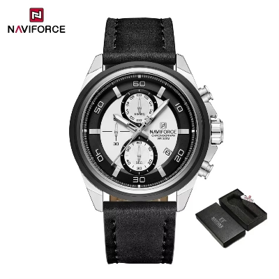 Picture of NAVIFORCE 8075 Casual Fashion Watches for Man Luminous  Date Display Genuine Leather Band Male Clock Relogios Masculino & Silver White