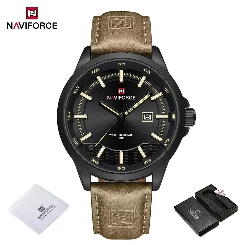Picture of NAVIFORCE 9248 Men Watch Sport Wristwatch Top Brand Luxury Auto Date Silicone Leather Quartz Original Male Clock Gift &  Black Brown