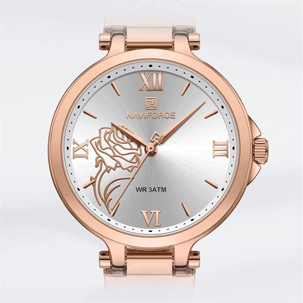 Picture of Naviforce 5060 Women Watches Elegant Lady Quartz Watch Floral Design Stainless Steel Band Waterproof Small Student Watch &  Rose White