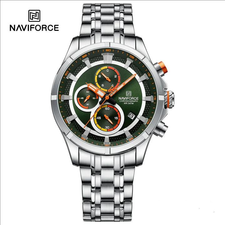 Picture of NAVIFORCE 8046 Silver Green New Color Watch for Men Quartz Wristwatch Stainless Steel Strap 3ATM Waterproof Chronograph Watches
