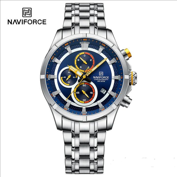 Picture of NAVIFORCE 8046 Silver Blue New Color Watch for Men Quartz Wristwatch Stainless Steel Strap 3ATM Waterproof Chronograph Watches