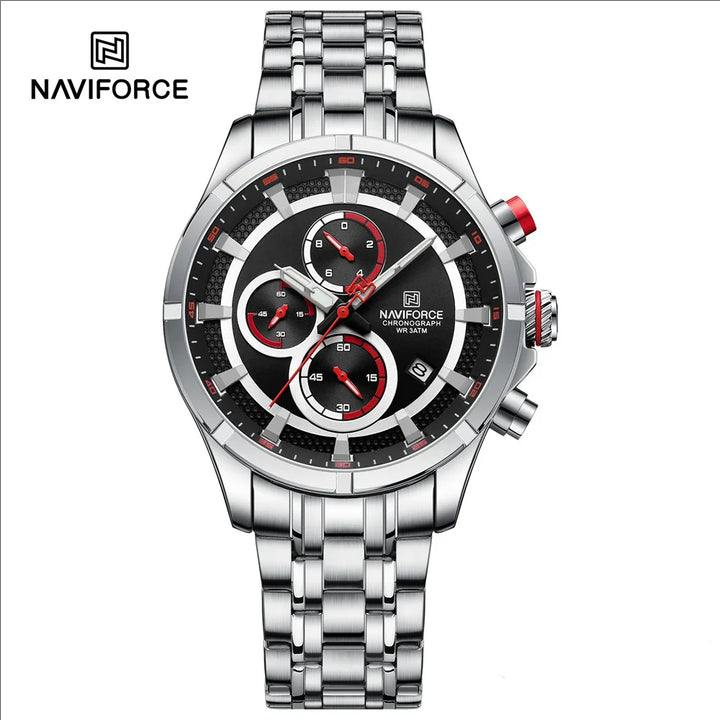 Picture of NAVIFORCE 8046 Silver Black New Color Watch for Men Quartz Wristwatch Stainless Steel Strap 3ATM Waterproof Chronograph Watches