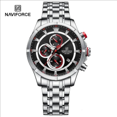 Picture of NAVIFORCE 8046 Silver Black New Color Watch for Men Quartz Wristwatch Stainless Steel Strap 3ATM Waterproof Chronograph Watches