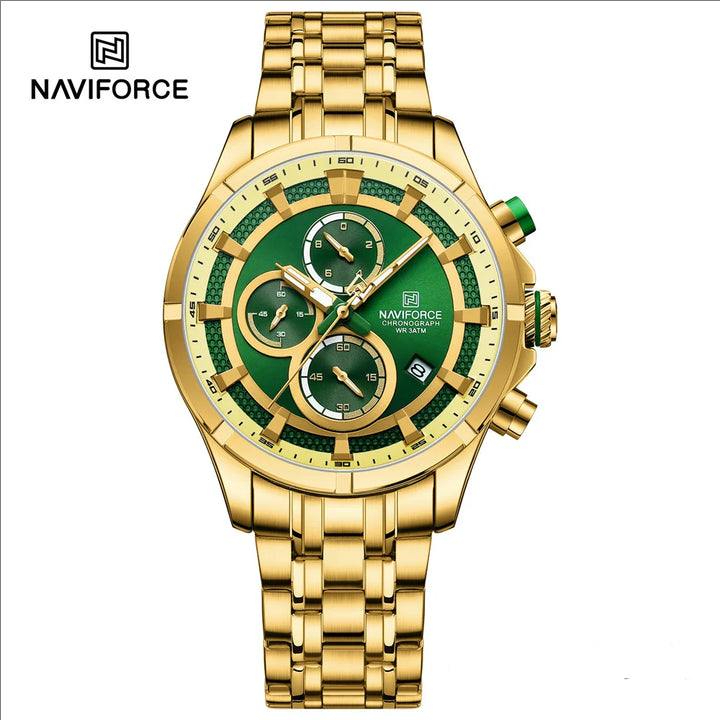 Picture of NAVIFORCE 8046 Golden Green New Color Watch for Men Quartz Wristwatch Stainless Steel Strap 3ATM Waterproof Chronograph Watches