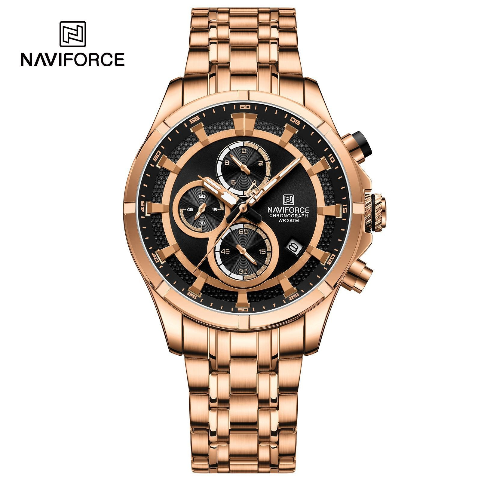Picture of NAVIFORCE 8046 Rose Gold Black New Color Watch for Men Quartz Wristwatch Stainless Steel Strap 3ATM Waterproof Chronograph Watches
