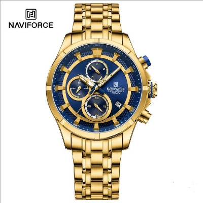 Picture of NAVIFORCE 8046 Golden Blue New Color Watch for Men Quartz Wristwatch Stainless Steel Strap 3ATM Waterproof Chronograph Watches