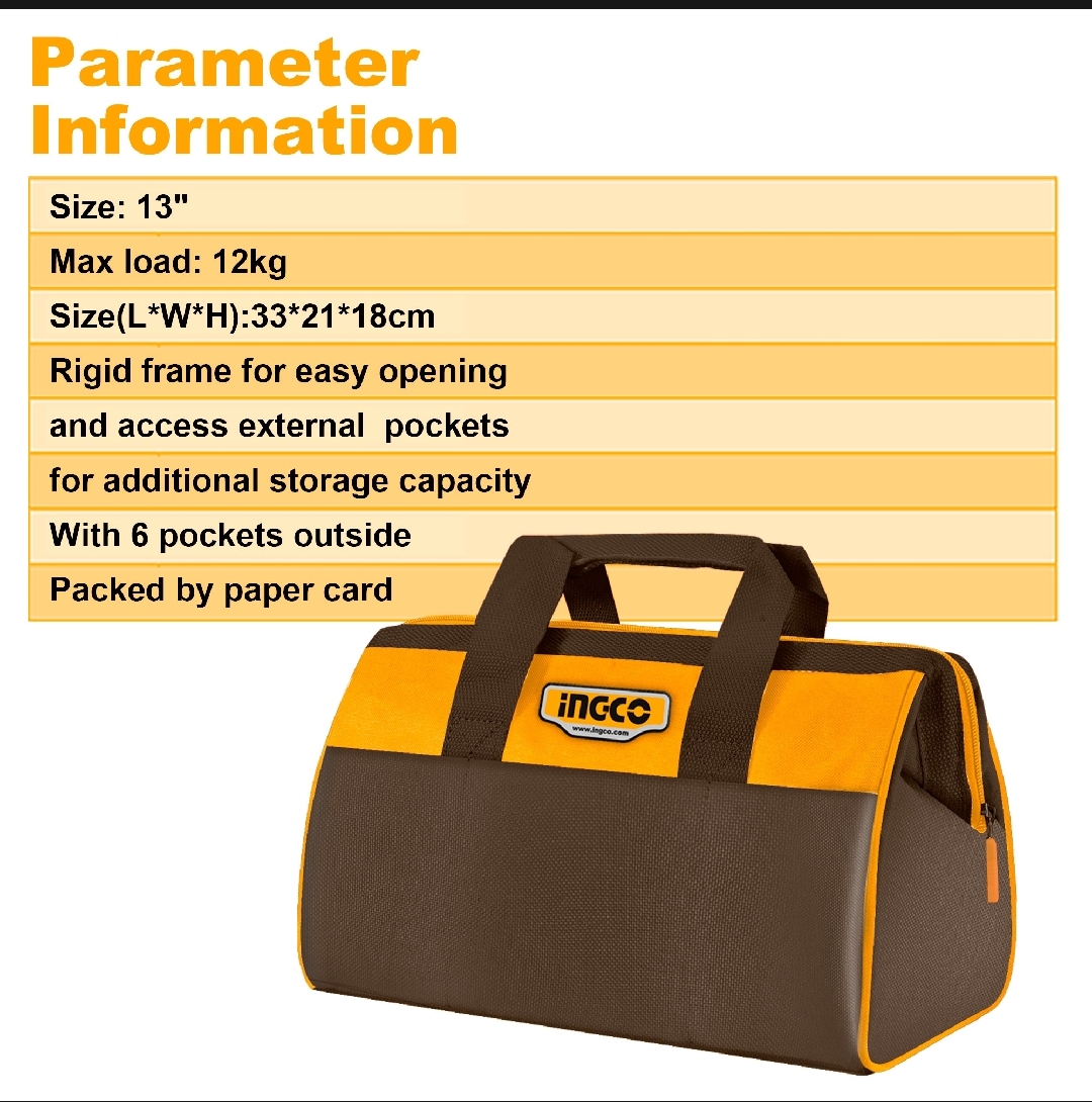 Picture of INGCO 13" Tool Bag Organizer with Wide Mouth Water-proof Multi-use Tool Tote Bag HTBG281328