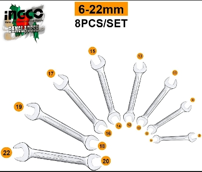 Picture of INGCO DOUBLE OPEN END SPANNER SET - 8 pcs HKSPA2088