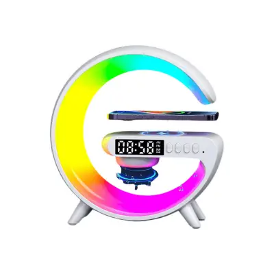 Picture of G Shape Google LED Wireless Charging RGB Bluetooth Speaker Clock and Rechargeable Table Lamp
