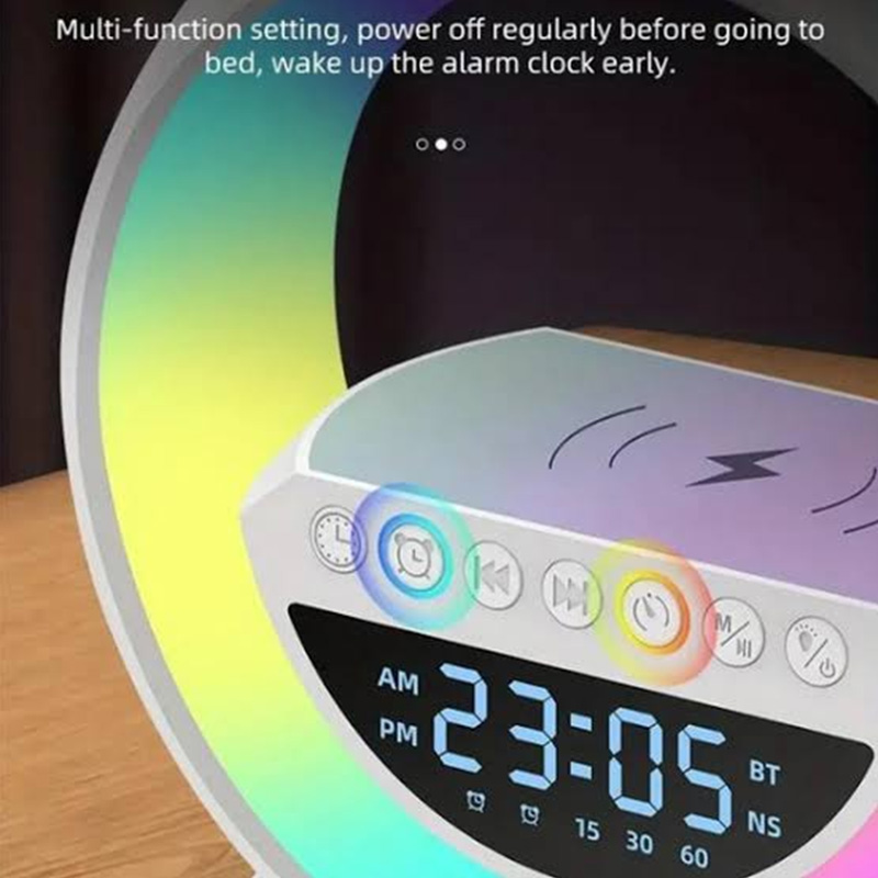 Picture of G Shape Google LED Wireless Charging RGB Bluetooth Speaker Clock and Rechargeable Table Lamp