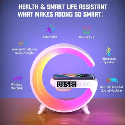 Picture of G Shape Google LED Wireless Charging RGB Bluetooth Speaker Clock and Rechargeable Table Lamp
