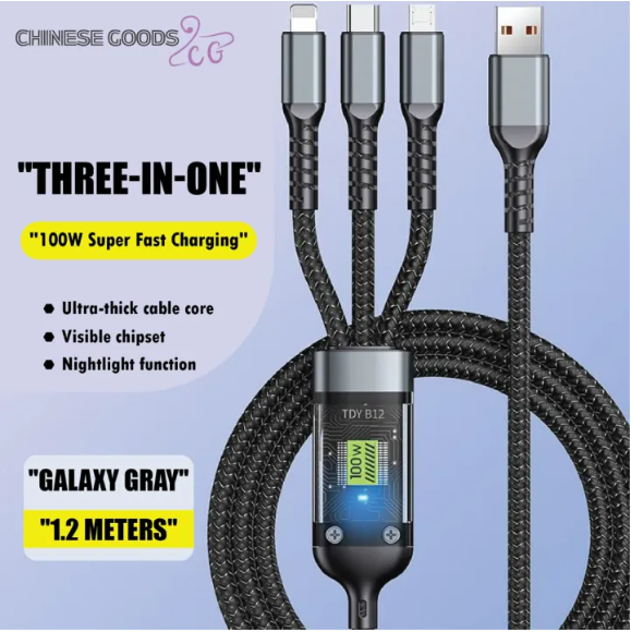 Picture of 100W 3-in-1 Fast Charging Cable with Smart Display – Pure Copper Core