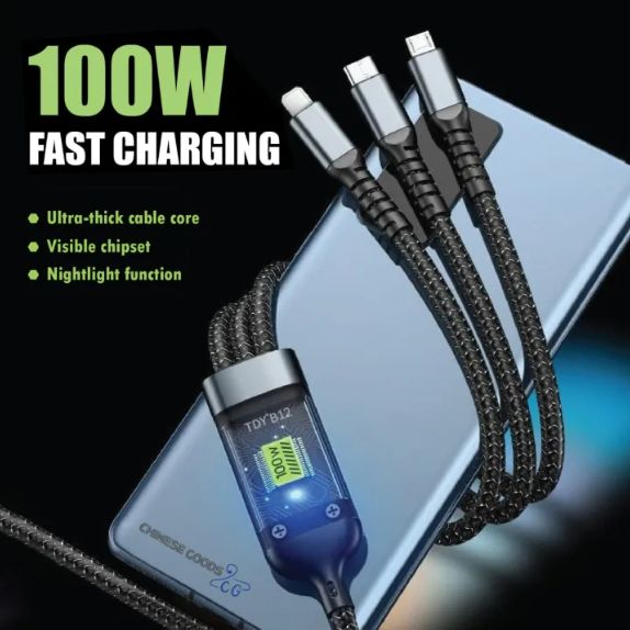 Picture of 100W 3-in-1 Fast Charging Cable with Smart Display – Pure Copper Core
