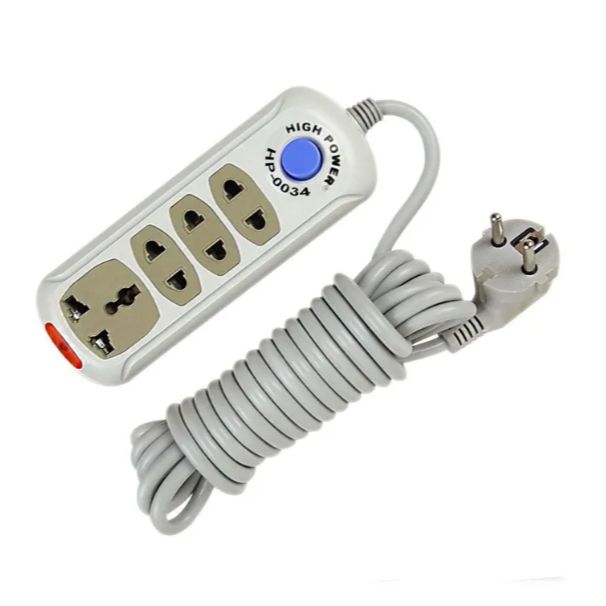 Picture of High Power HP 4 Gang Socket Multiplug Power Strip – 4 Port Extension with 2M/5M Cable | 2500W Max Load | Overload & Surge Protected | Power Switch & Indicator | 2 Pin Plug – White