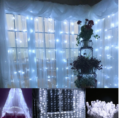 Picture of LED Curtain String Fairy Lights 9.8x9.8 Ft – 8 Modes, Cool White – Plug-in Decorative Lights for Wall, Window, Bedroom, Party & Backdrop