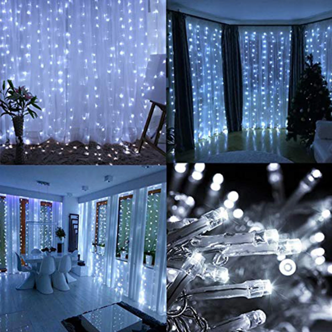 Picture of LED Curtain String Fairy Lights 9.8x9.8 Ft – 8 Modes, Cool White – Plug-in Decorative Lights for Wall, Window, Bedroom, Party & Backdrop