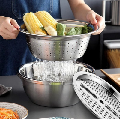 Picture of 3-in-1 Multifunctional Stainless Steel Basin with Vegetable Cutter & Drain Basket