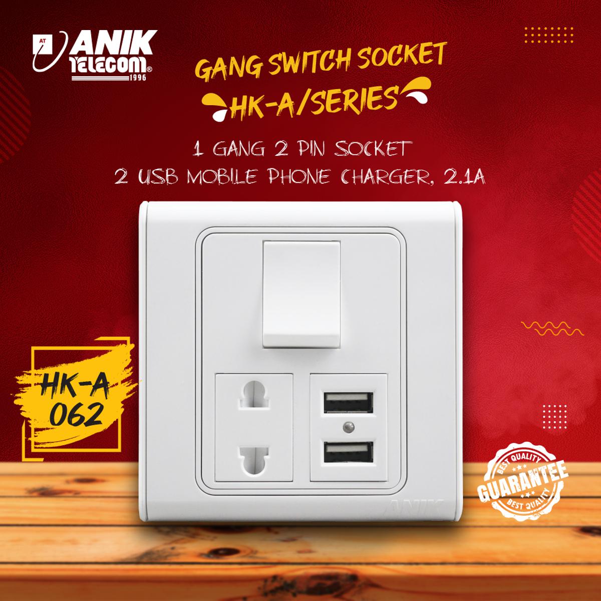 Picture of Switch-Socket, Anik Gang Switch, Gang Switch, 1 Gang 2 Pin Socket With 2 Port Usb Mobile Phone Charger, 2.1Amp - Remote Control Switch
