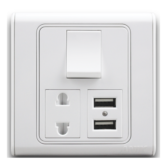 Picture of Switch-Socket, Anik Gang Switch, Gang Switch, 1 Gang 2 Pin Socket With 2 Port Usb Mobile Phone Charger, 2.1Amp - Remote Control Switch