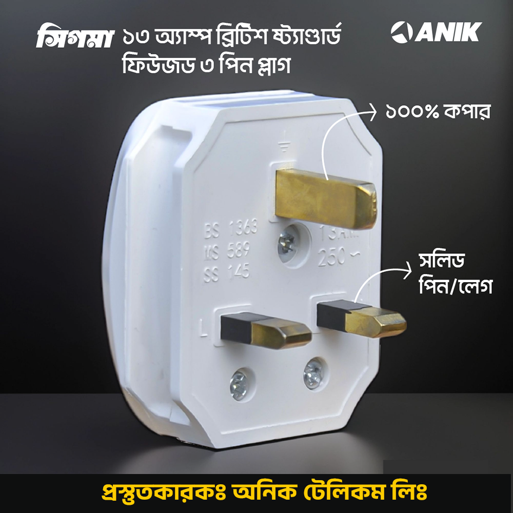 Picture of British Standard Fused 3 Pin Plug, 3 Pin Plug, Fused Plug, 13A 3 Pin Plug, 3 Flat Pin Plug, Model - Sigma