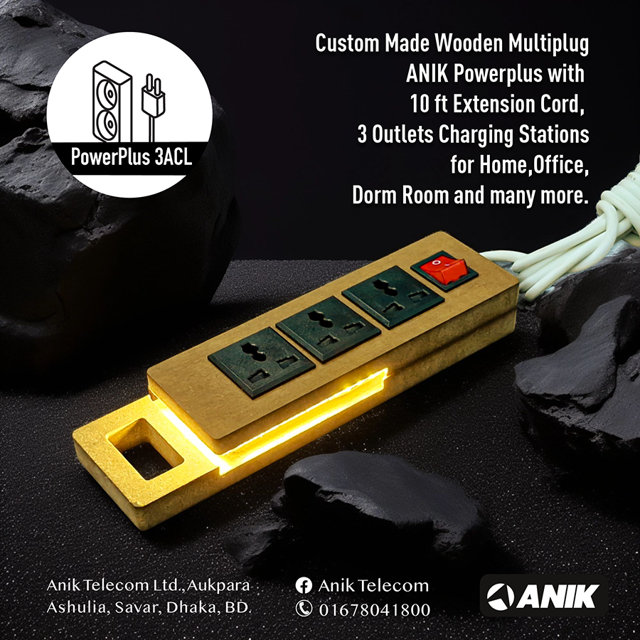 Picture of PowerPlus, Wooden 3 AC Outlet Multiplug with Warm LED Light. 10 ft Extension Cord, Desktop Charging Stations for Home Office Dorm Room & many more.