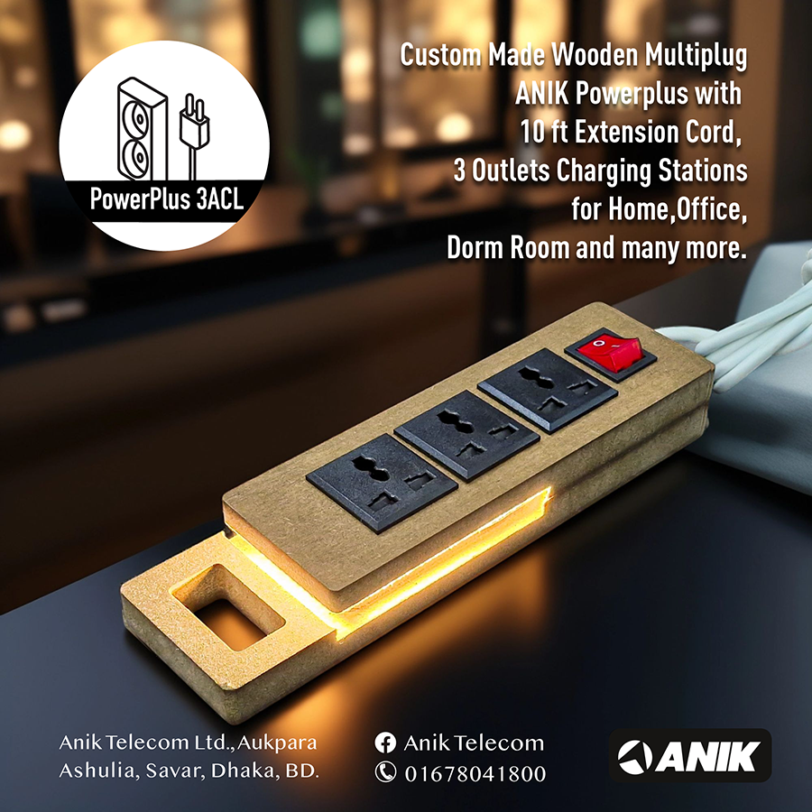 Picture of PowerPlus, Wooden 3 AC Outlet Multiplug with Warm LED Light. 10 ft Extension Cord, Desktop Charging Stations for Home Office Dorm Room & many more.