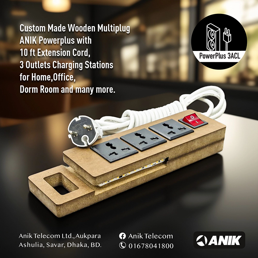 Picture of PowerPlus, Wooden 3 AC Outlet Multiplug with Warm LED Light. 10 ft Extension Cord, Desktop Charging Stations for Home Office Dorm Room & many more.