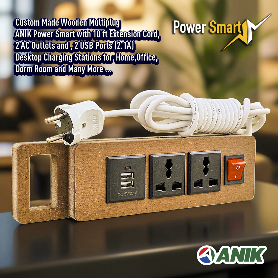 Picture of Power Smart, ANIK Multi Plug with 10 ft Extension Cord, 2 Outlets and 2 USB Ports Desktop Charging Stations for Home Office Dorm Room, Light Wood Grain
