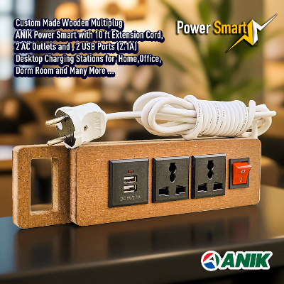 Picture of Power Smart, ANIK Multi Plug with 10 ft Extension Cord, 2 Outlets and 2 USB Ports Desktop Charging Stations for Home Office Dorm Room, Light Wood Grain