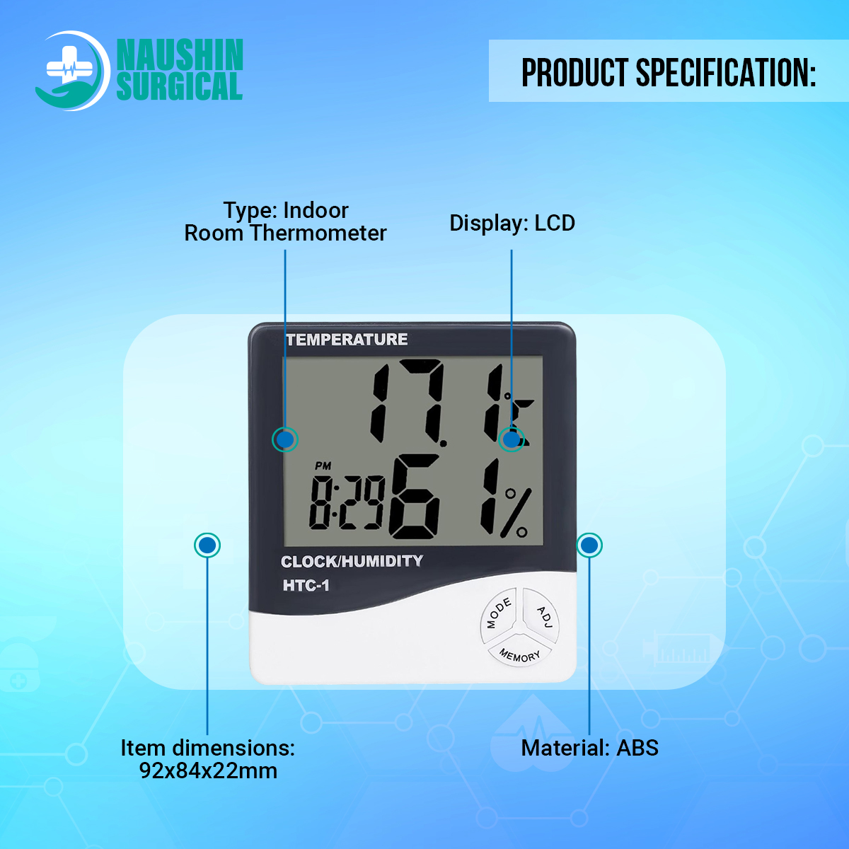 Picture of Indoor Room LCD Electronic Temperature Humidity Meter Digital Thermometer Hygrometer Weather Station Alarm Clock HTC-1