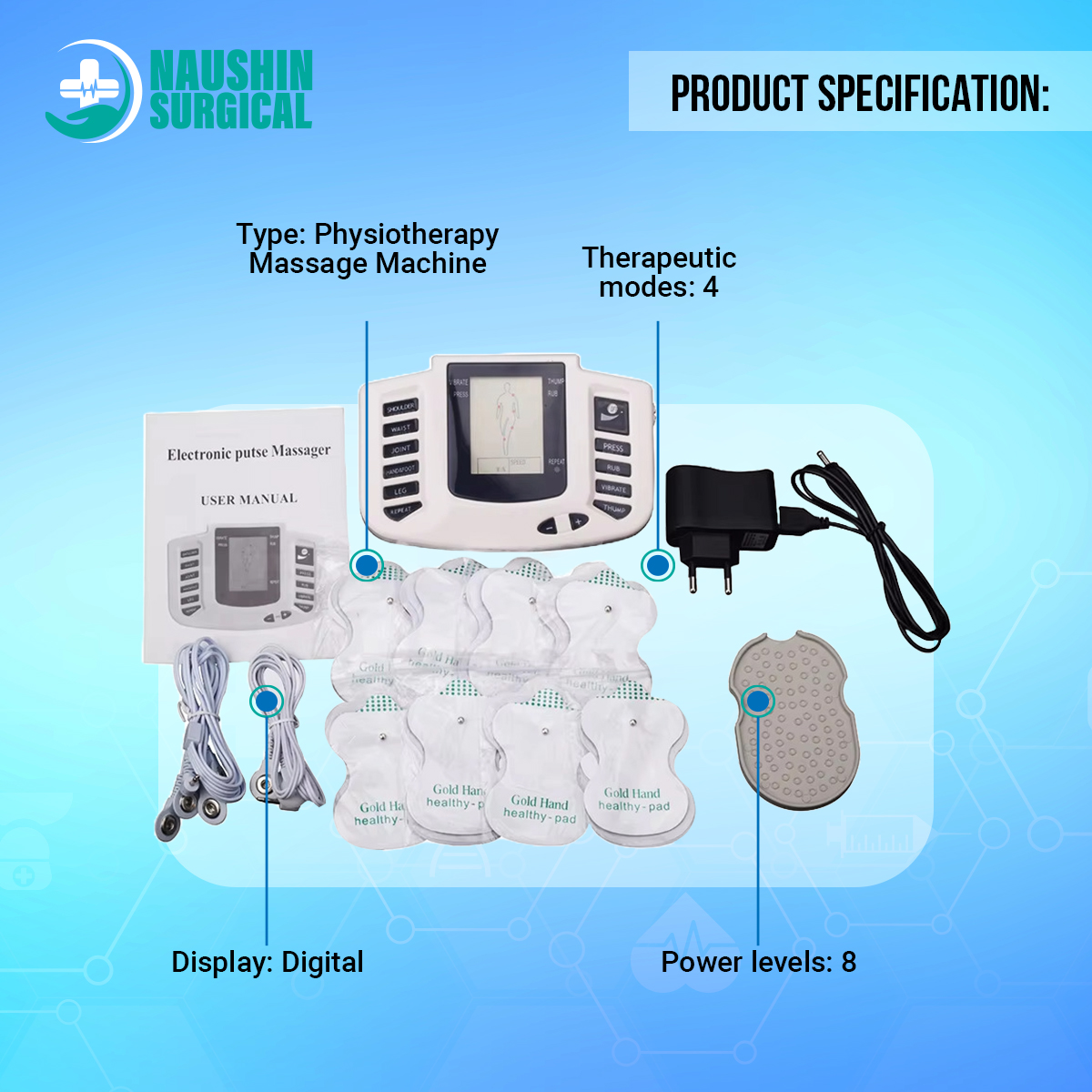 Picture of Physiotherapy Massage Machine with 4 Pads Body Pain Relief Therapy Stroke Machine