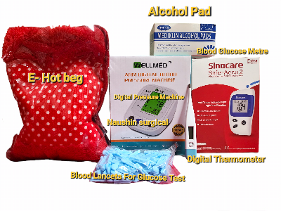 Picture of Sinocare Safe-Accu 2 Blood Glucose Meter and Digital Blood Pressure Machine and Electric Hot Bag and Digital Thermometer and Alcohol Pad and Blood Lancets for Glucose Test 6 in 1Health care Kits Home Office