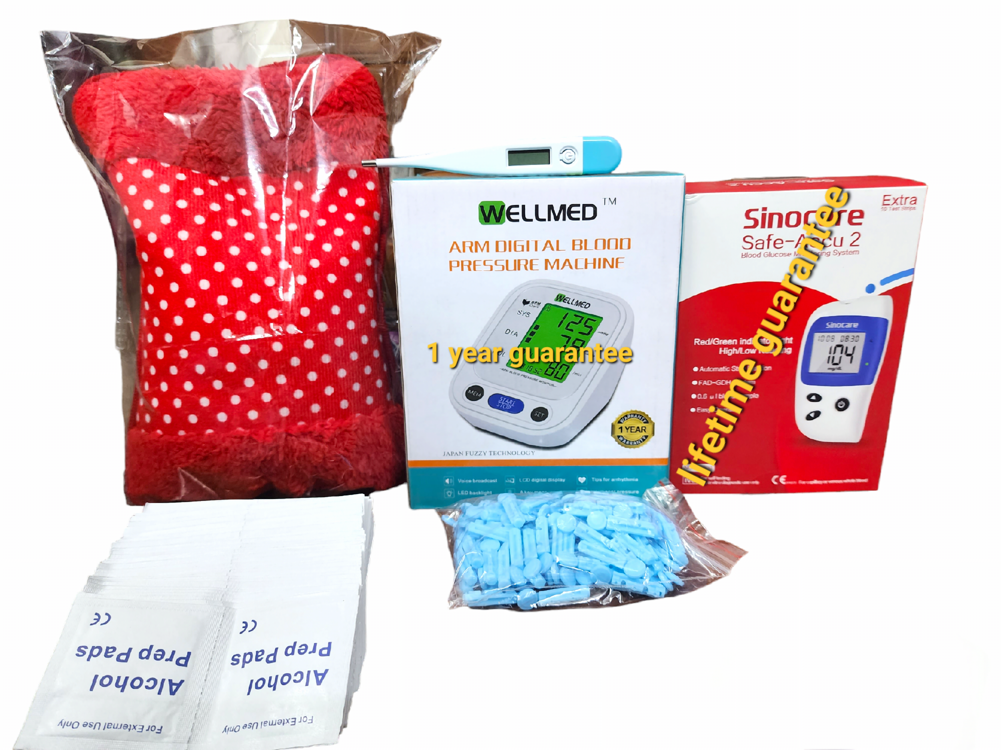 Picture of Sinocare Safe-Accu 2 Blood Glucose Meter and Digital Blood Pressure Machine and Electric Hot Bag and Digital Thermometer and Alcohol Pad and Blood Lancets for Glucose Test 6 in 1Health care Kits Home Office