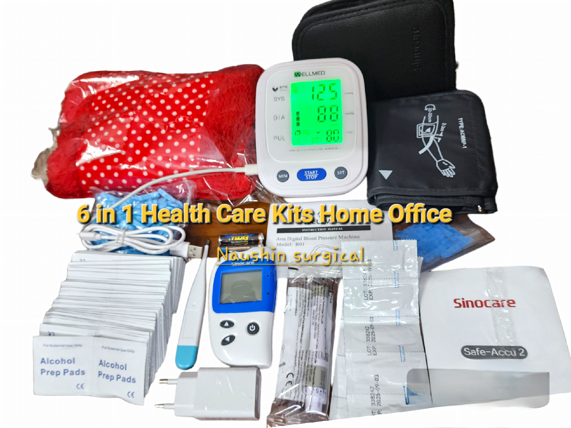 Picture of Sinocare Safe-Accu 2 Blood Glucose Meter and Digital Blood Pressure Machine and Electric Hot Bag and Digital Thermometer and Alcohol Pad and Blood Lancets for Glucose Test 6 in 1Health care Kits Home Office