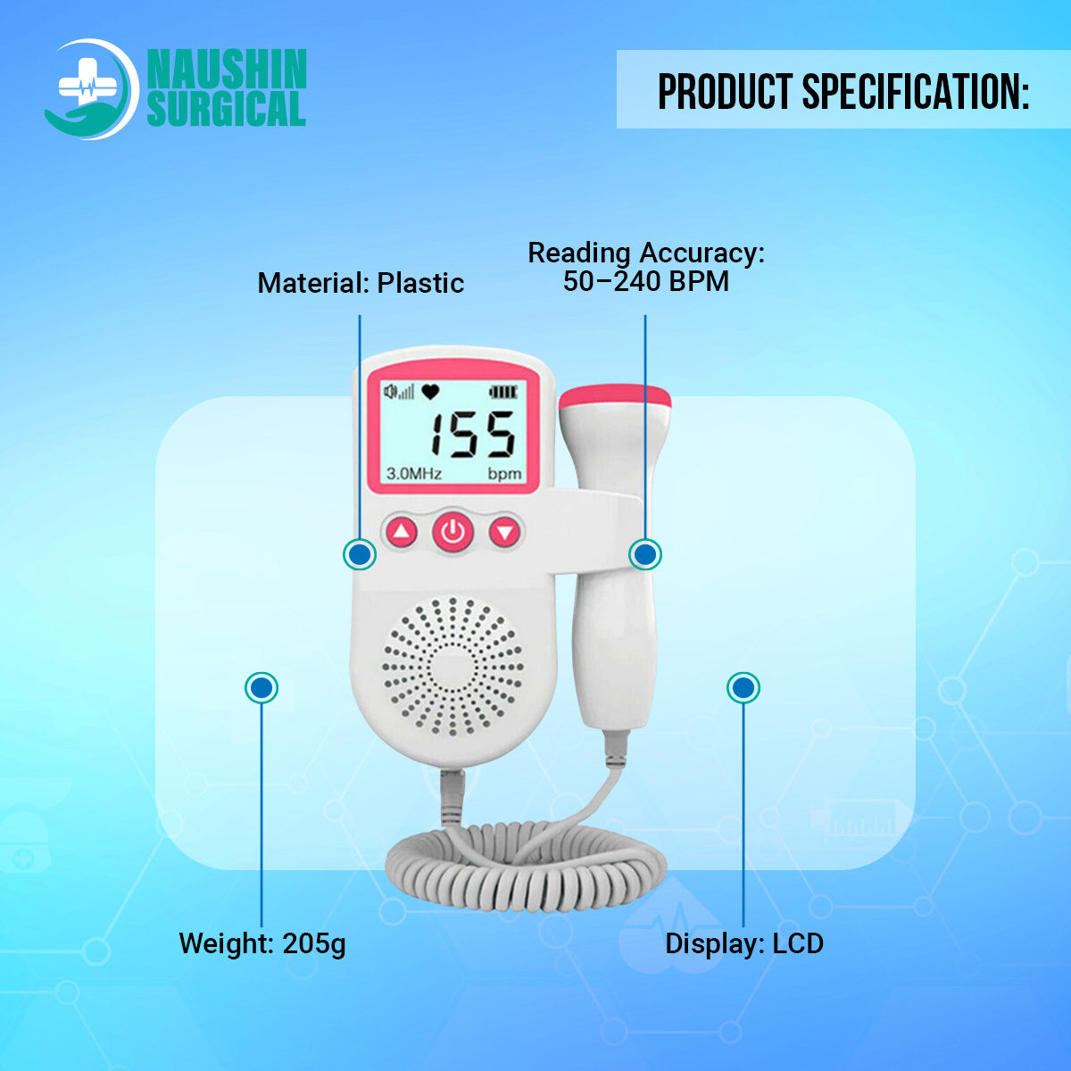 Picture of Mini Portable Fetal Doppler Baby Heart Monitor Ultra Sound Device for Preganany with Inbuild Speaker, Large Display Size with free 200ml Ultra Sound Gel (Pink/Blue, gel 1 Piece)