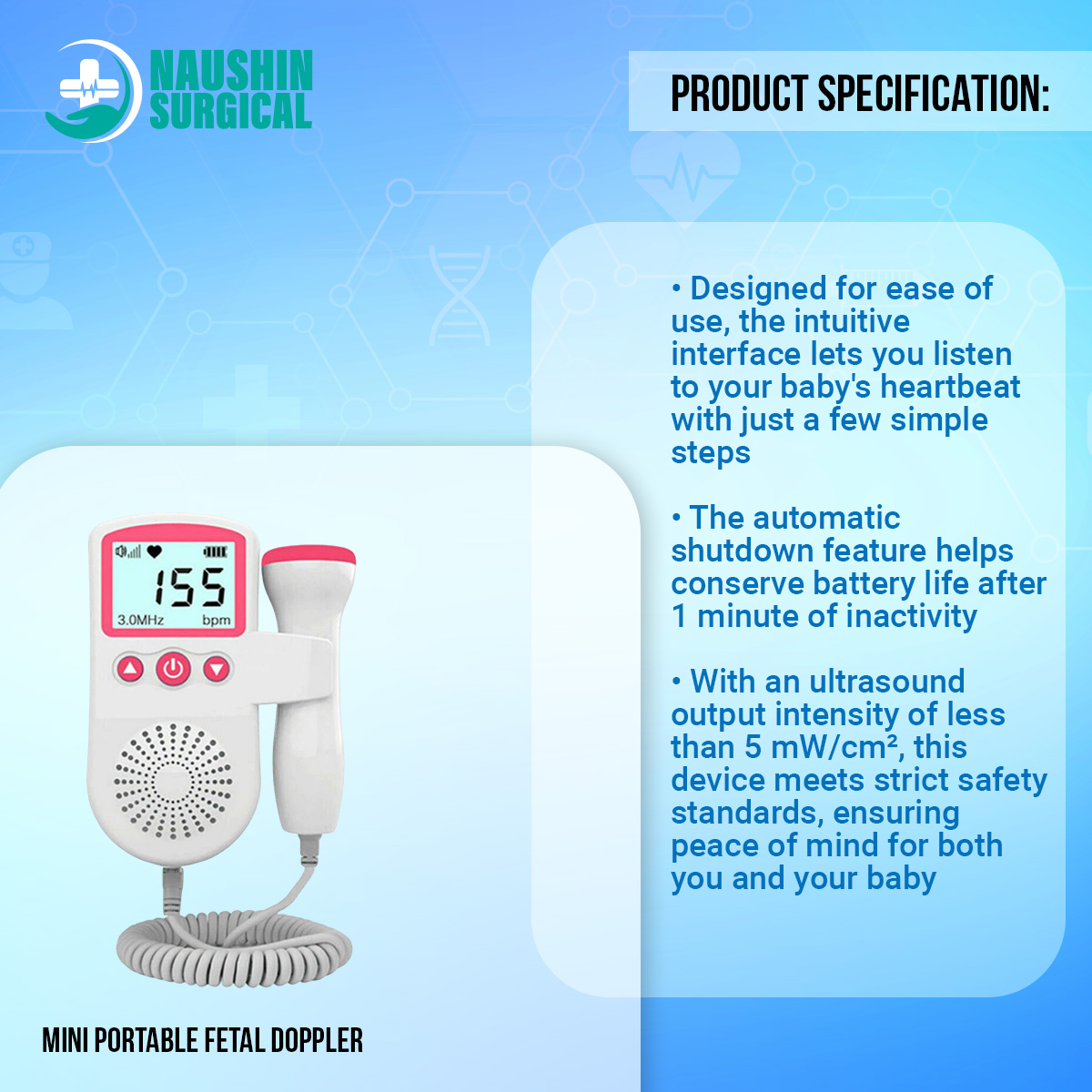 Picture of Mini Portable Fetal Doppler Baby Heart Monitor Ultra Sound Device for Preganany with Inbuild Speaker, Large Display Size with free 200ml Ultra Sound Gel (Pink/Blue, gel 1 Piece)