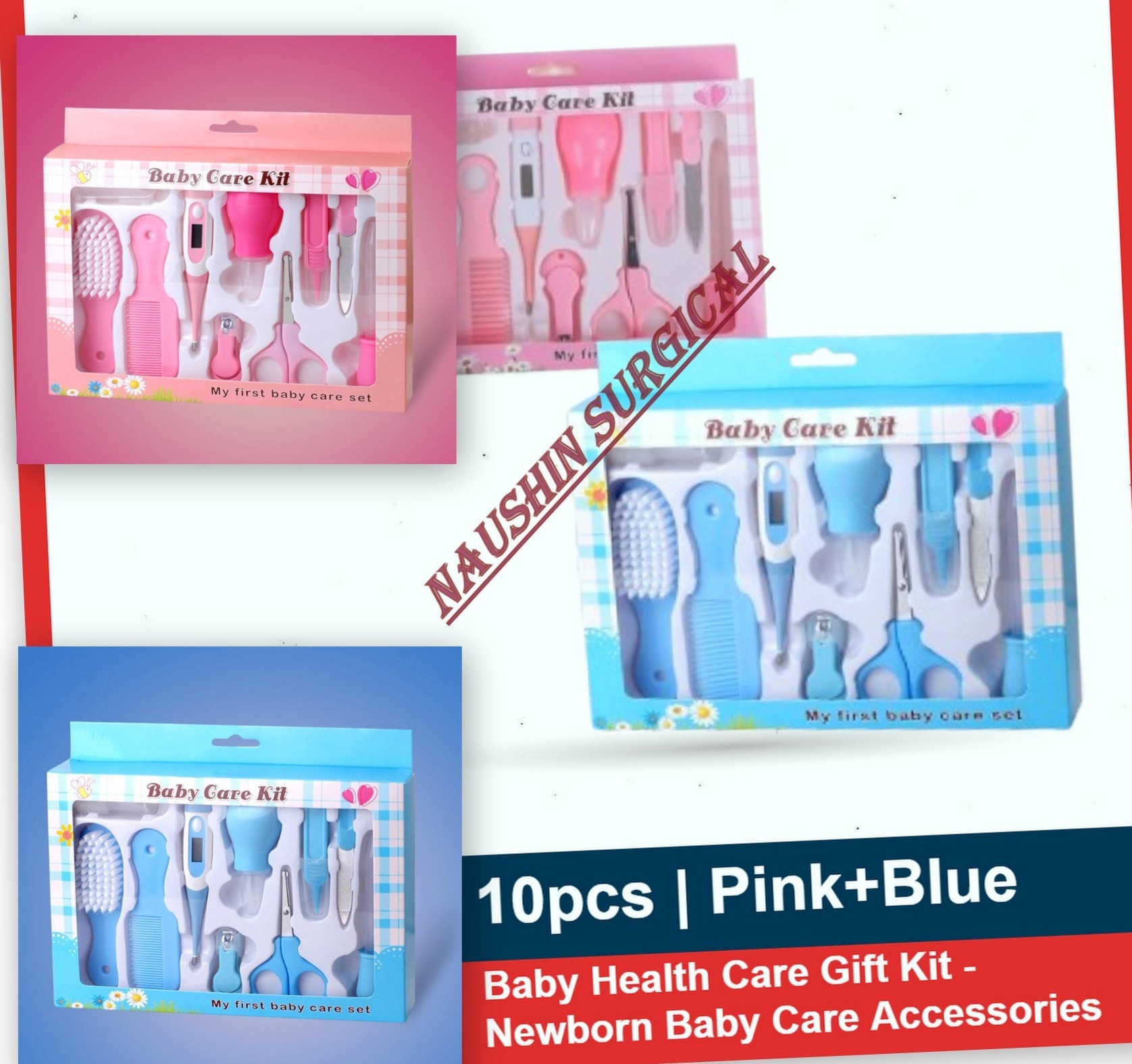 Picture of Baby Health Care Gift Kit - Newborn Baby Care Accessories 10pcs - Portable Baby Care Kit Nursing Baby Heath and Grooming - Pink & Blue Color