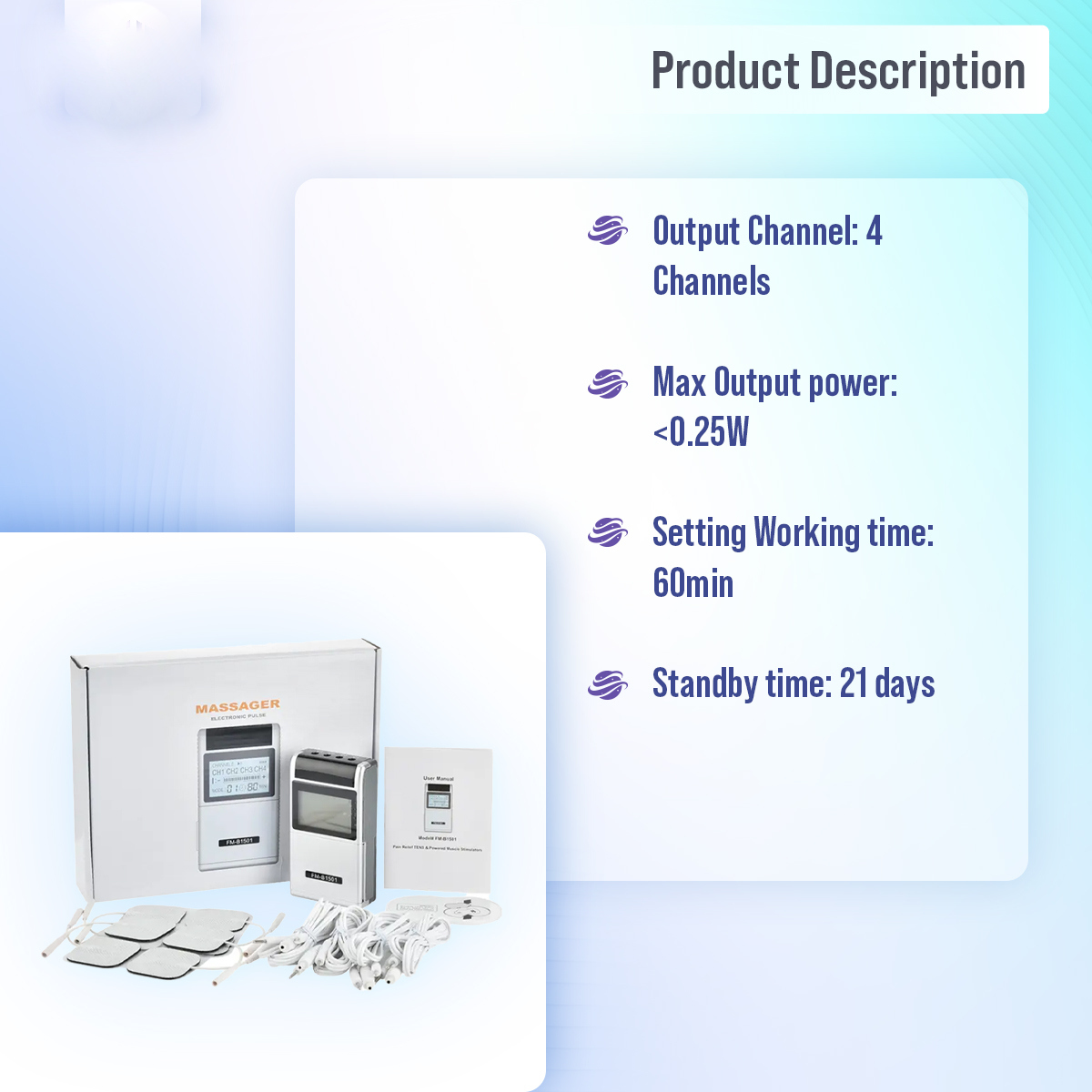 Picture of Tens Ems Muscle Steamulator 15 Mode 4 Output 8 Pad Pain Relief Electric Pulse Impulse Massure Machine Machine Machine Electrotherapy Machine