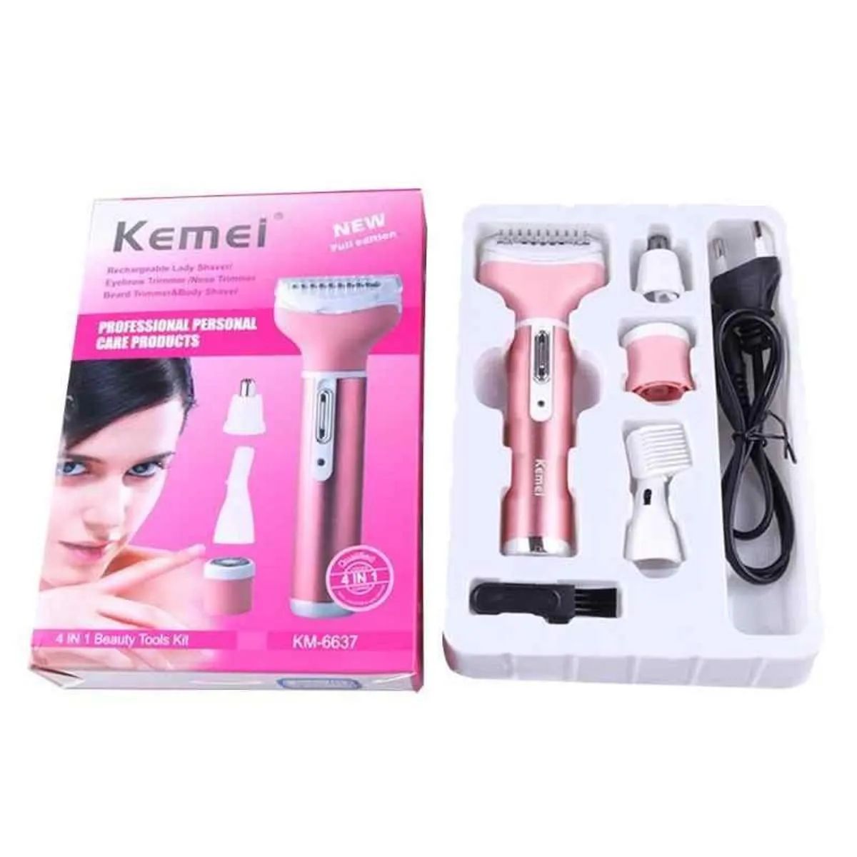 Picture of Kemei KM-6637 Multifunctional 4 in 1 Rechargeable woman body shaver Beard Eyebrow, Nose Trimmer set Female Electric shaver