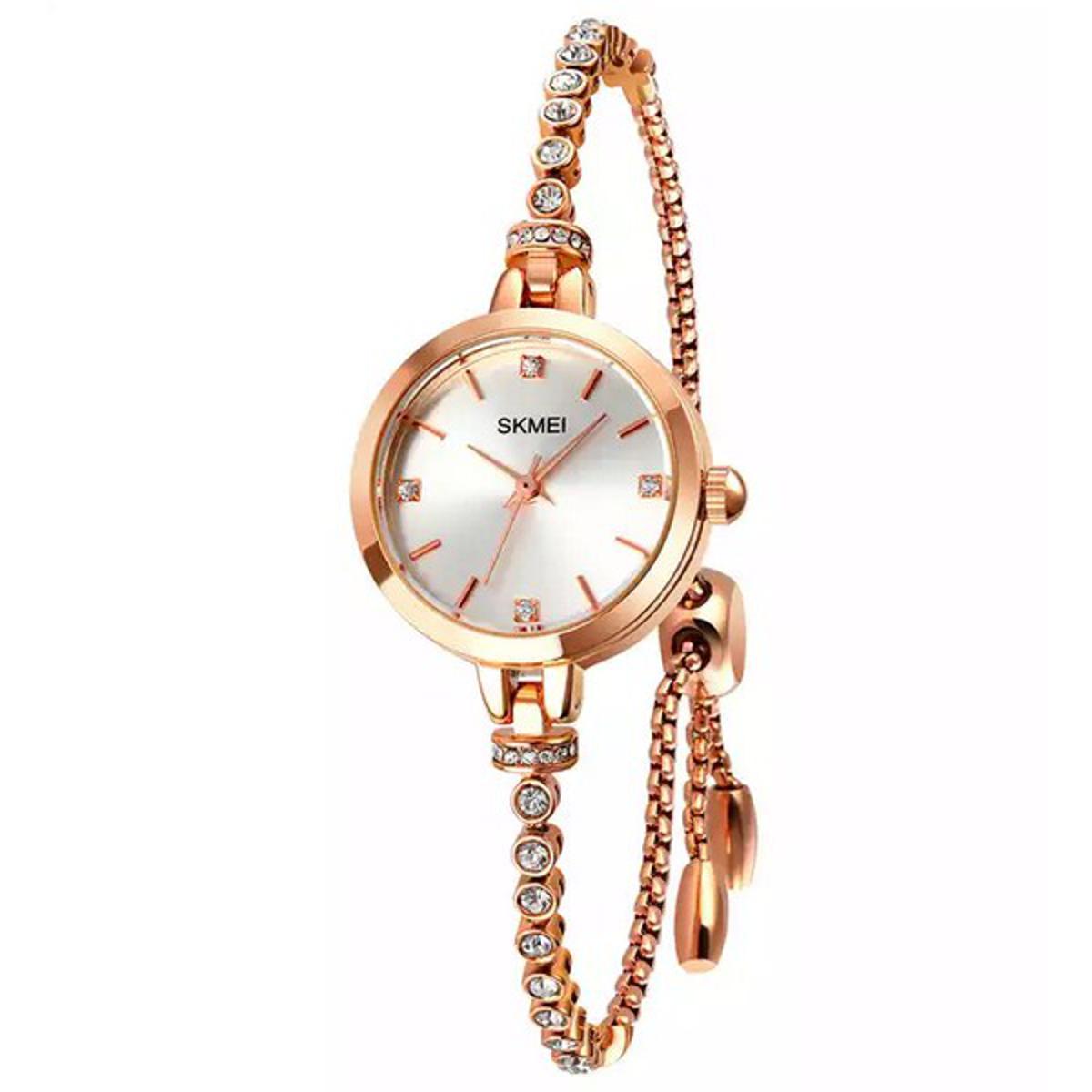 Picture of SKMEI 1854 Fashion Women Quartz Watch Jewelry Diamond Bracelet Analog Watches Dress Waterproof Wristwatch with 3D Rose Gold Bracelet