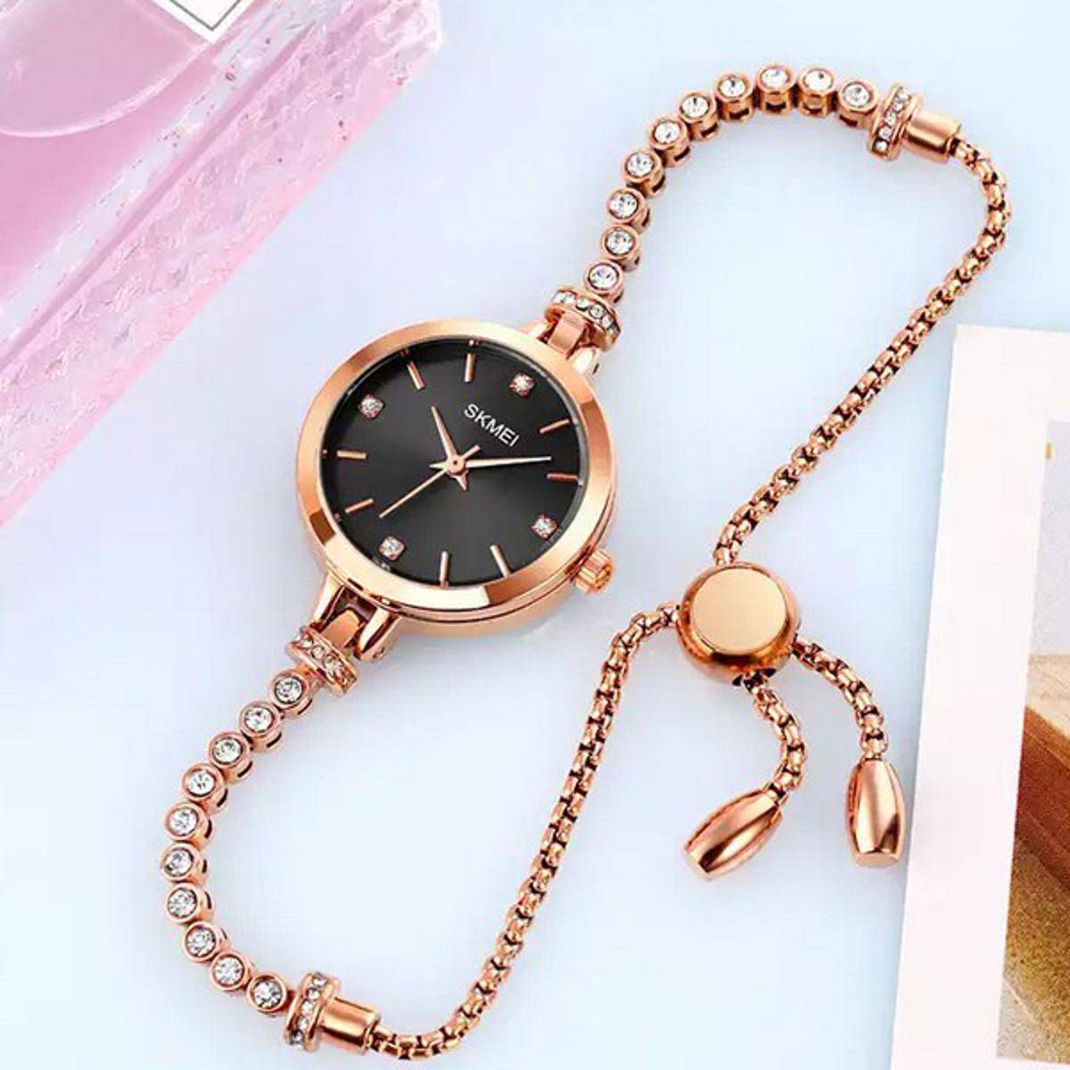 Picture of SKMEI 1854 Fashion Women Quartz Watch Jewelry Diamond Bracelet Analog Watches Dress Waterproof Wristwatch with 3D Rose Gold Bracelet