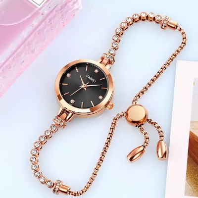 Picture of SKMEI 1854 Fashion Women Quartz Watch Jewelry Diamond Bracelet Analog Watches Dress Waterproof Wristwatch with 3D Rose Gold Bracelet
