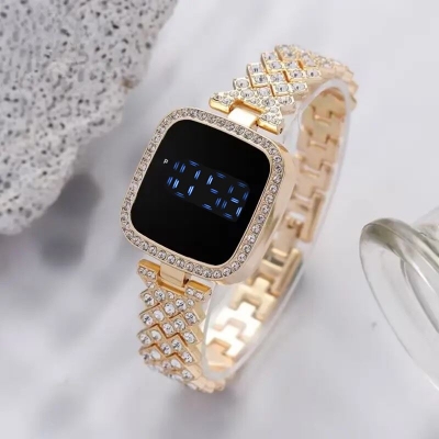 Picture of New Trend Fashion Steel Chain Diamond Women Watch Full Diamond Touch Screen LED Water Diamond Bracelet Watch