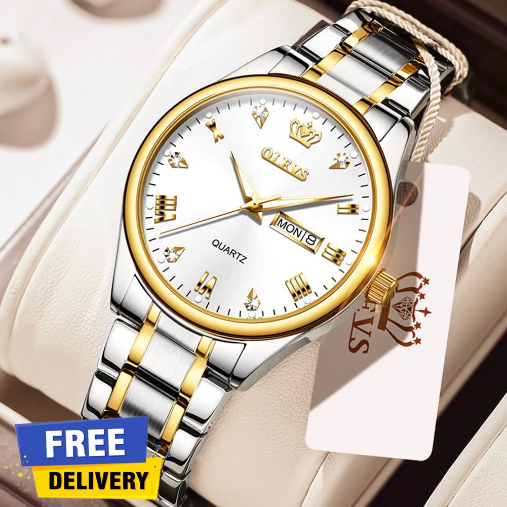 Picture of "Ol_evs 5563 Rep_lica Silver & Golden Two Tone Stainless Steel Analog Wrist Watch For Men - White & Silver & Golden , Black"