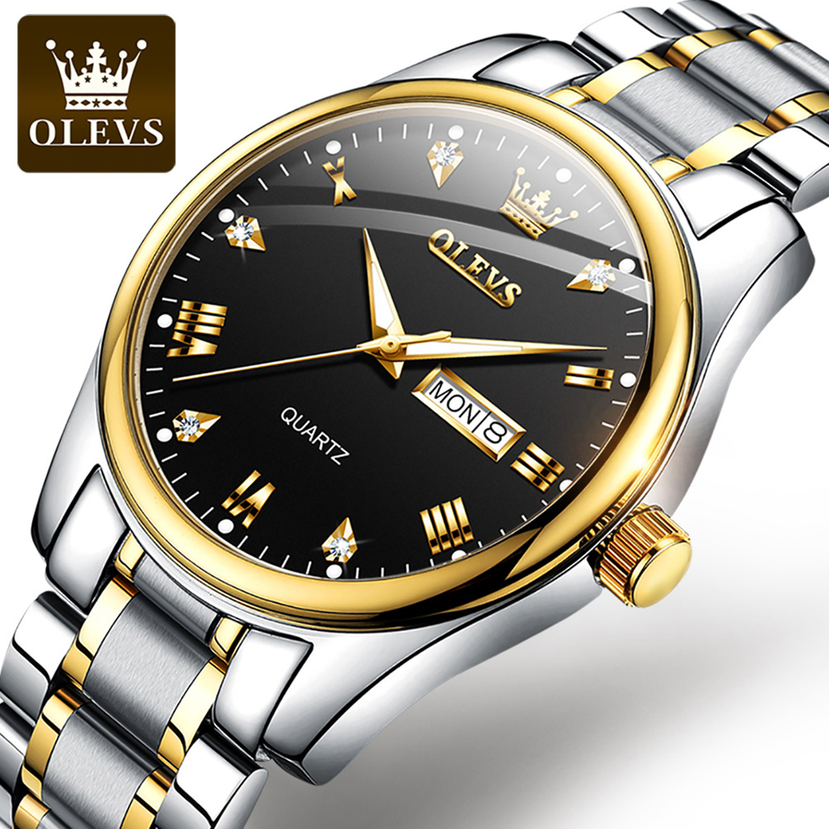 Picture of "Olevs 5563 Silver & Golden Two Tone Stainless Steel Analog Wrist Watch For Men - White & Silver & Golden "
