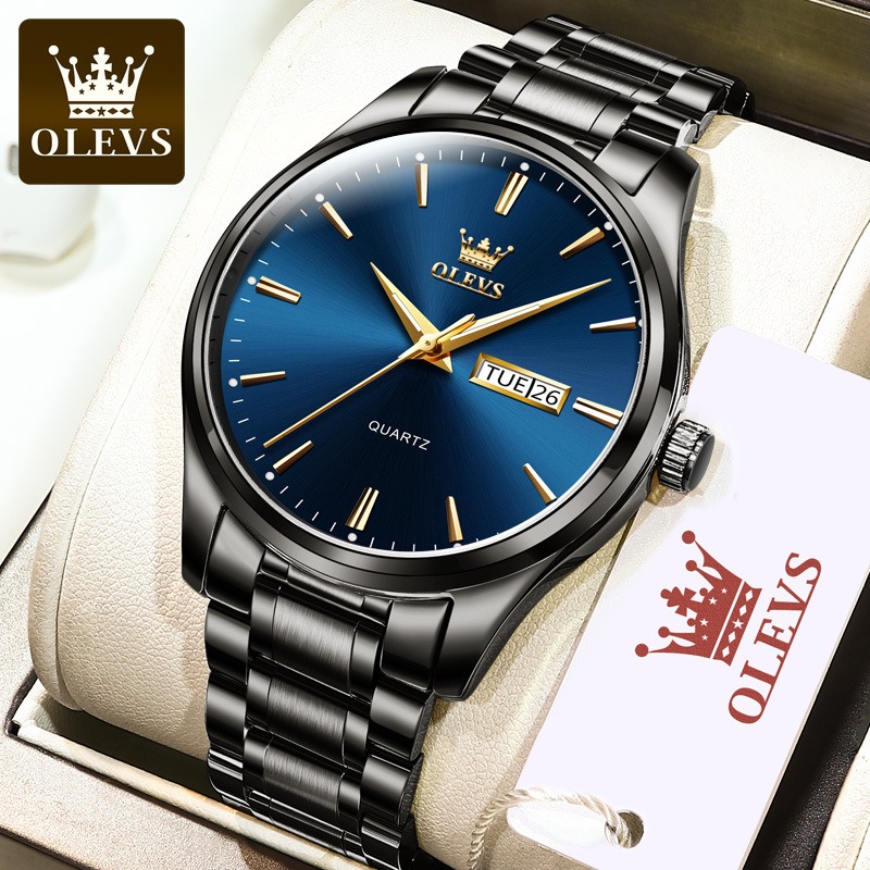 Picture of "Olevs 6898 Golden Stainless Steel Analoge Wrist Watch For Men - Royal Blue & Golden "