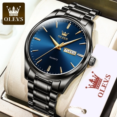 Picture of "Olevs 6898 Golden Stainless Steel Analoge Wrist Watch For Men - Royal Blue & Golden "
